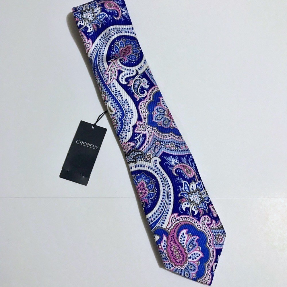 Cremieux Mens Silk Necktie Blue Pink Paisley Floral Hand Made in USA NWT‎